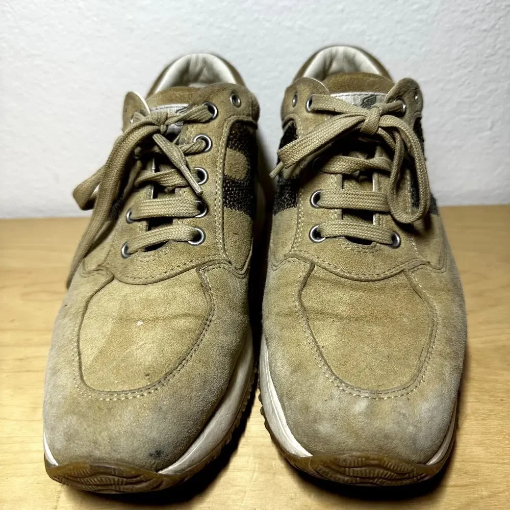Hogan Interactive Sneakers 100% Suede Lace Up Sequins Gold Brown 37 7